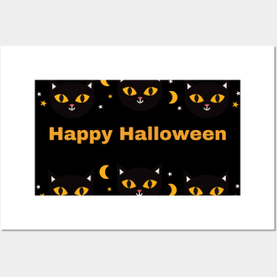 Happy Halloween, Orange and Black cat eyes with white triangle ears and half moons Posters and Art